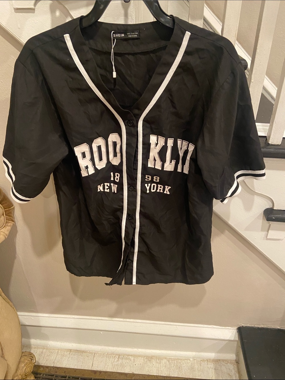 SHEIN cotton blend Black Baseball BROOKLYN Jersey with White Trim S